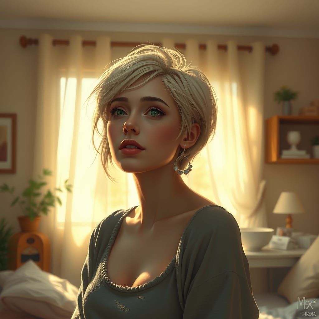 Blonde Woman in Apartment, Digital Pastel Painting