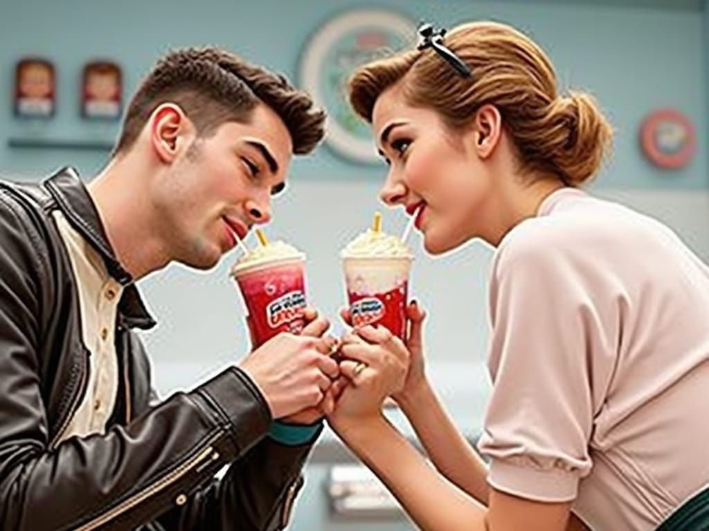 1950s Couple Sharing Milkshake in Retro Diner