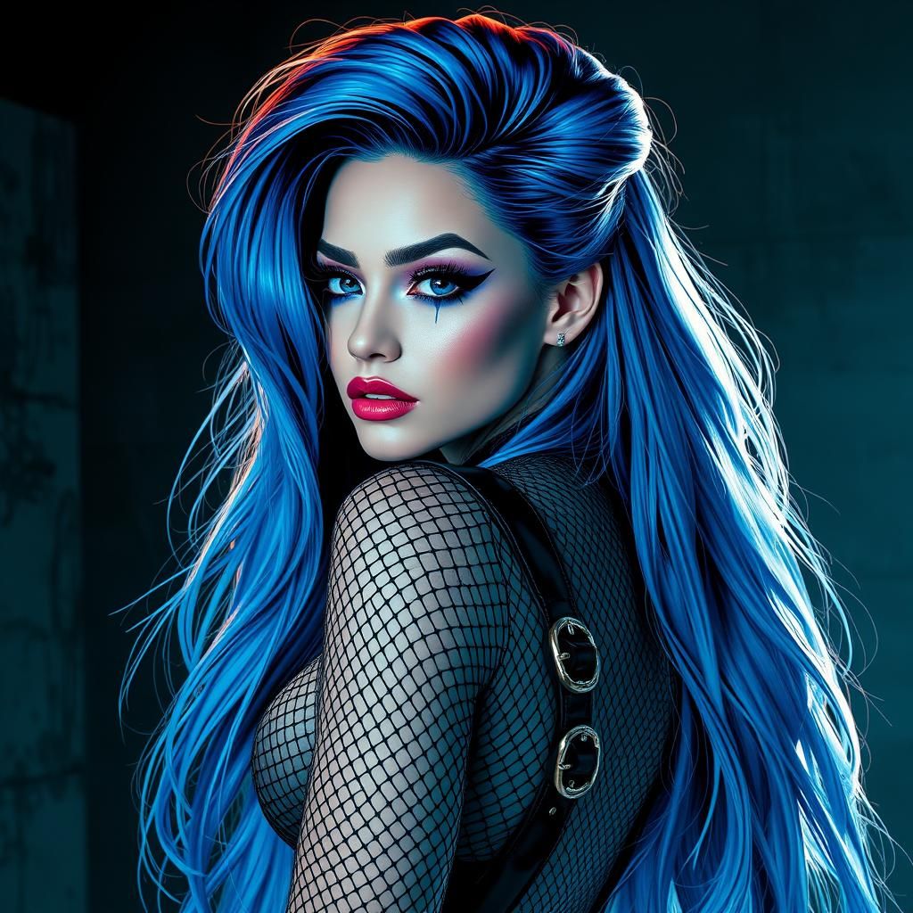 Woman with Electric Blue Hair in Comic Book Style