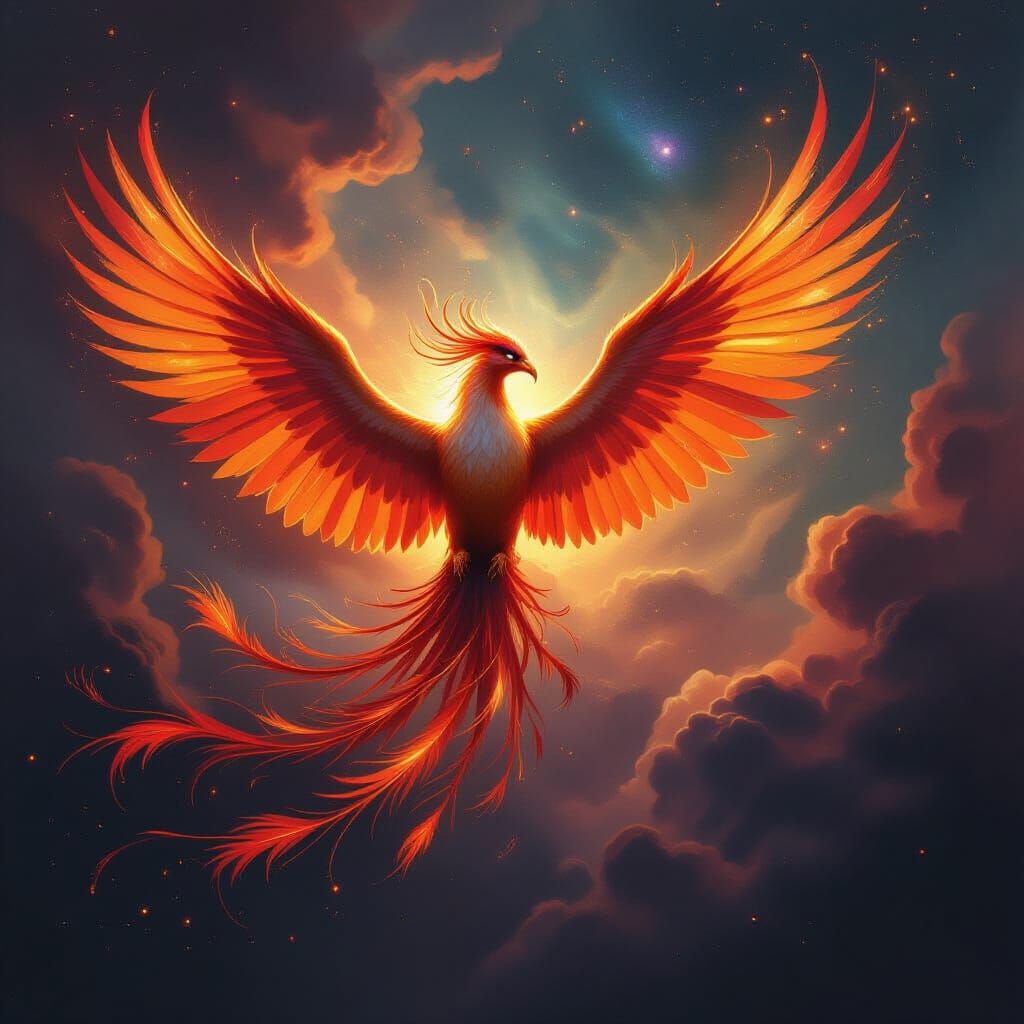 Cosmic Phoenix Rises From Nebula in Romantic Style