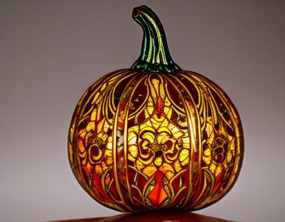 Ornate Glass Pumpkin on Wooden Desk