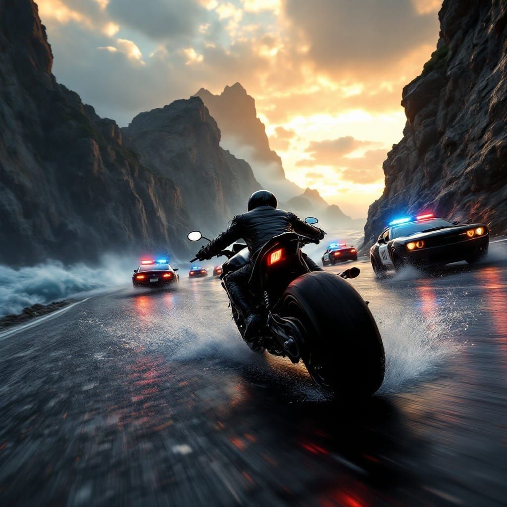 Motorcycle Chase on Cliffside Highway in Detailed Unreal Sty...