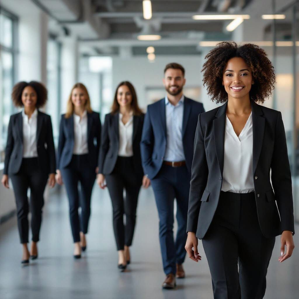 Diverse Team Walks Confidently in Modern Office