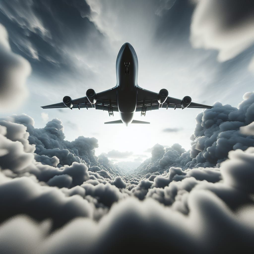 Dramatic CGI Airplane Soaring Through Cloudy Sky