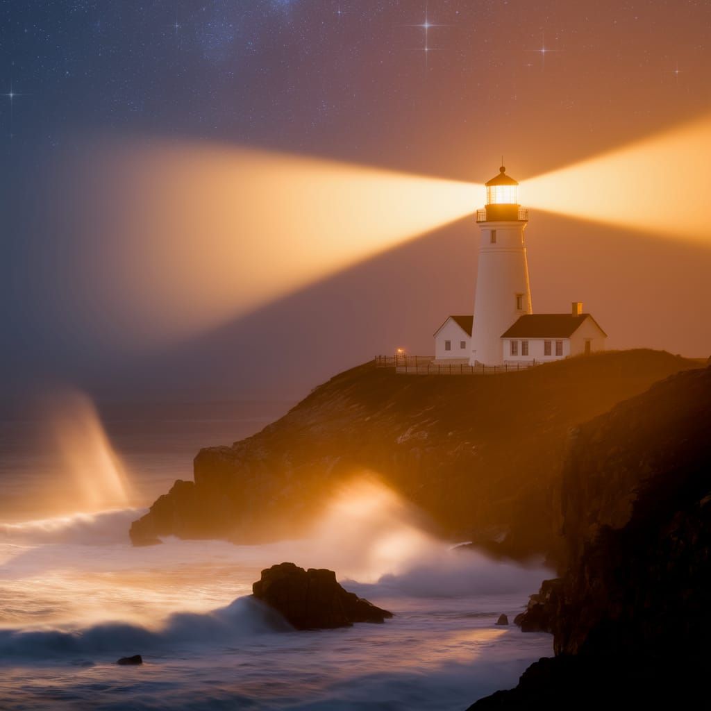 Majestic Lighthouse Shines Through Fog on Cliffside