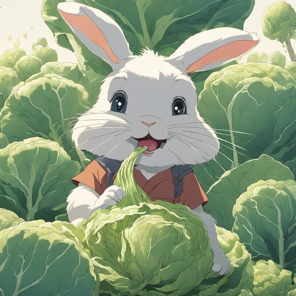 Rabbit Eating Cabbage: Ghibli-esque Anime Art