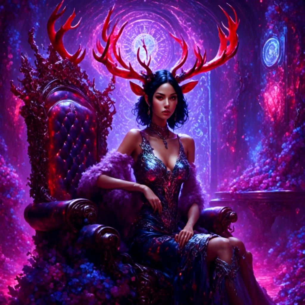 Bored Woman with Antlers in Hotel Lobby