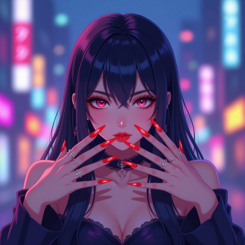 Anime Girl With Glistening Red Nails in Neon City