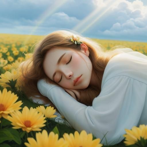 Sleeping Girl in Divine Sunshine with Flowers
