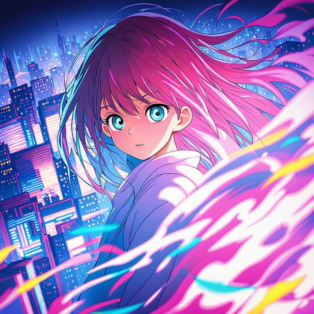 Dramatic Anime Key Art of Ai Hoshino with Whimsical Cityscap...