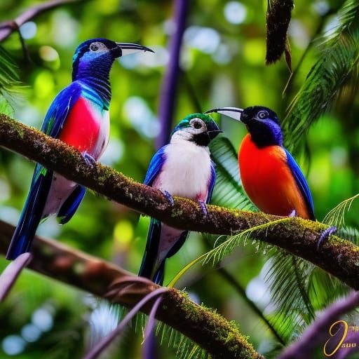 Colorful Tropical Birds in Rainforest Setting