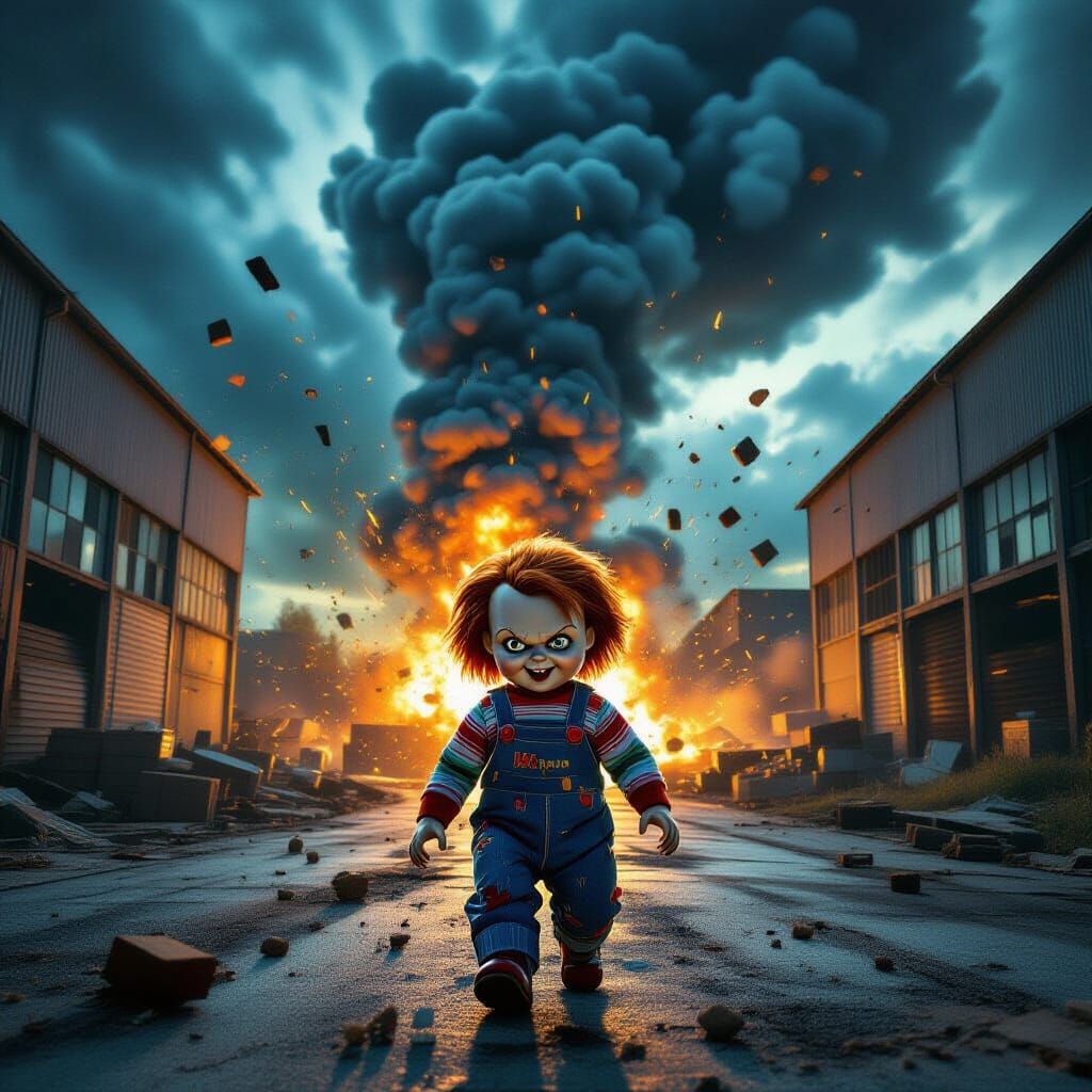 Chucky Doll Escapes Exploding Toy Warehouse in Stormy Sky