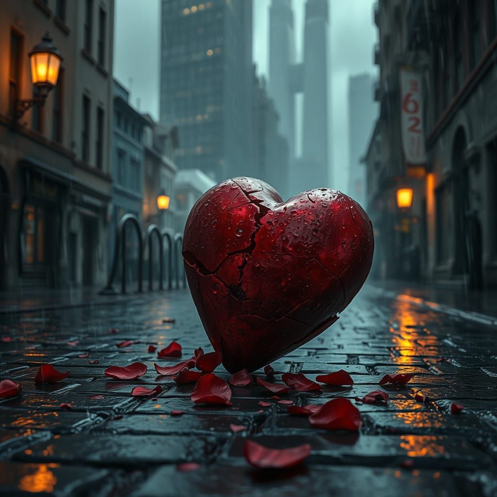 Shattered Crimson Heart in Rain, Dark Fantasy Art