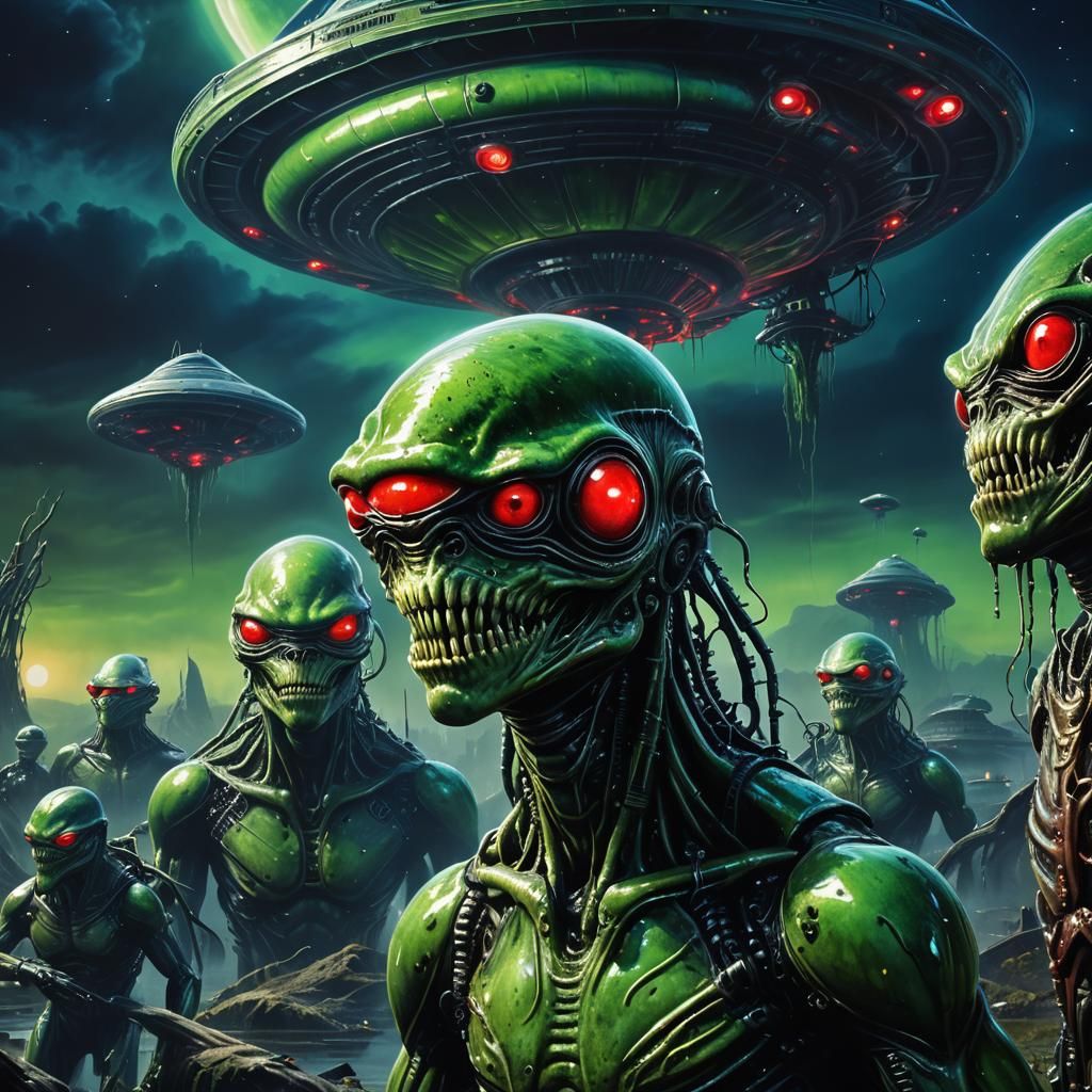 Alien Frogmen and UFO in Surreal Sci-Fi Art