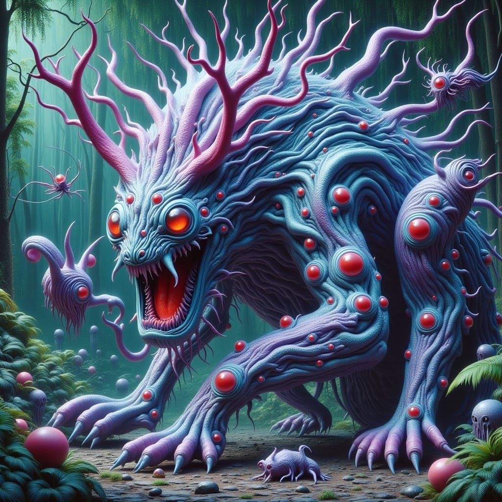 Surreal Skeletal Tiger-Cat Monster with Iridescent Glow