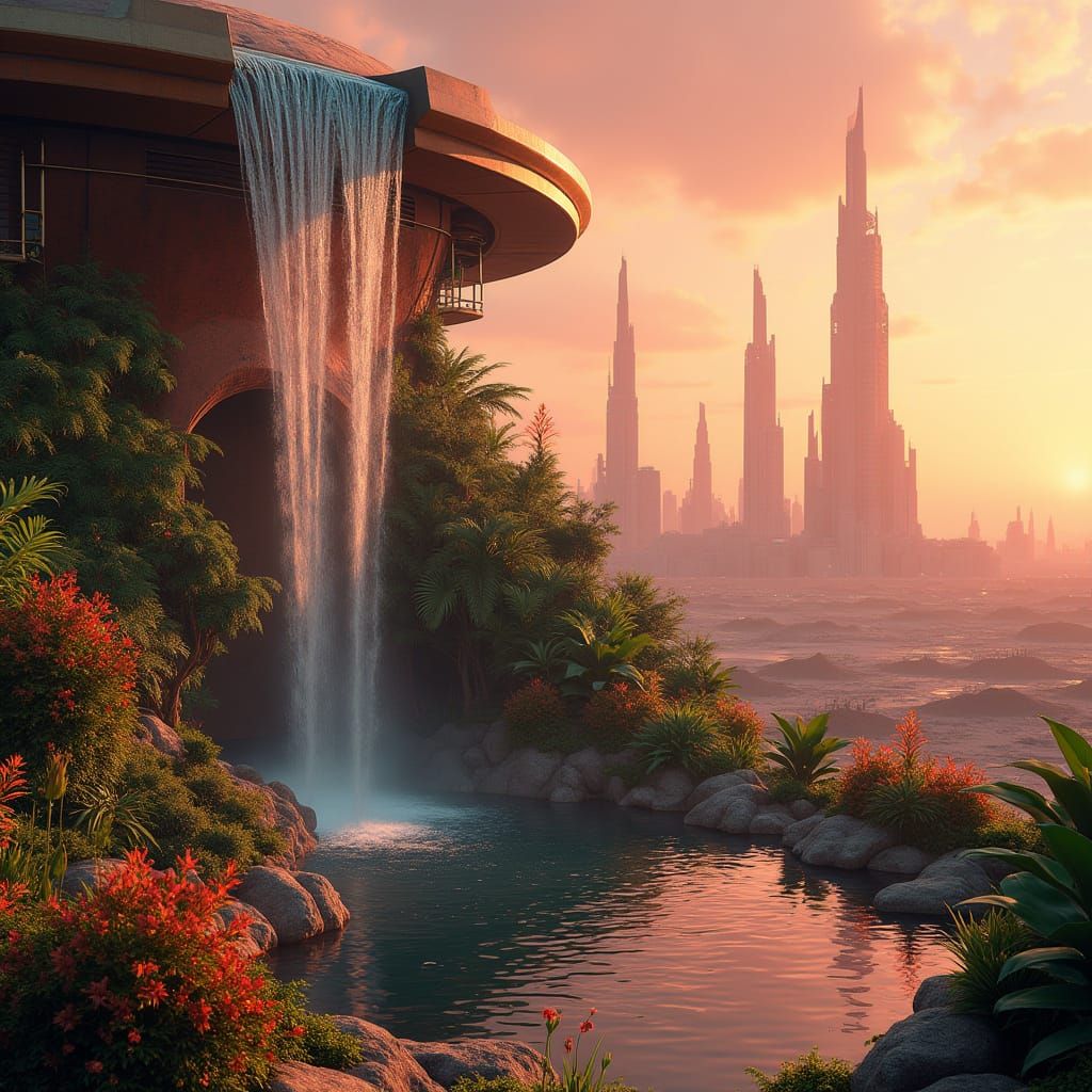 Majestic Martian Rooftop Oasis with Futuristic Waterfall and...