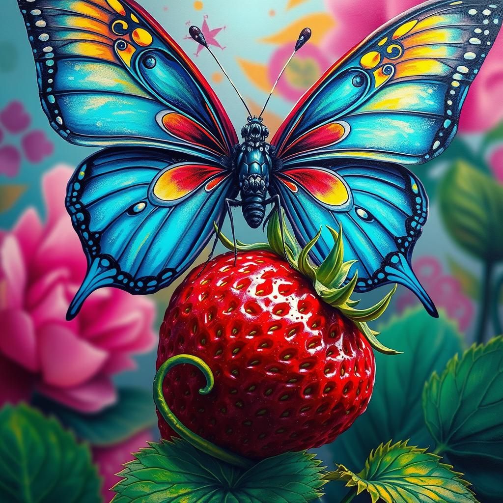 Ornate Butterfly on Strawberry in Street Art Style