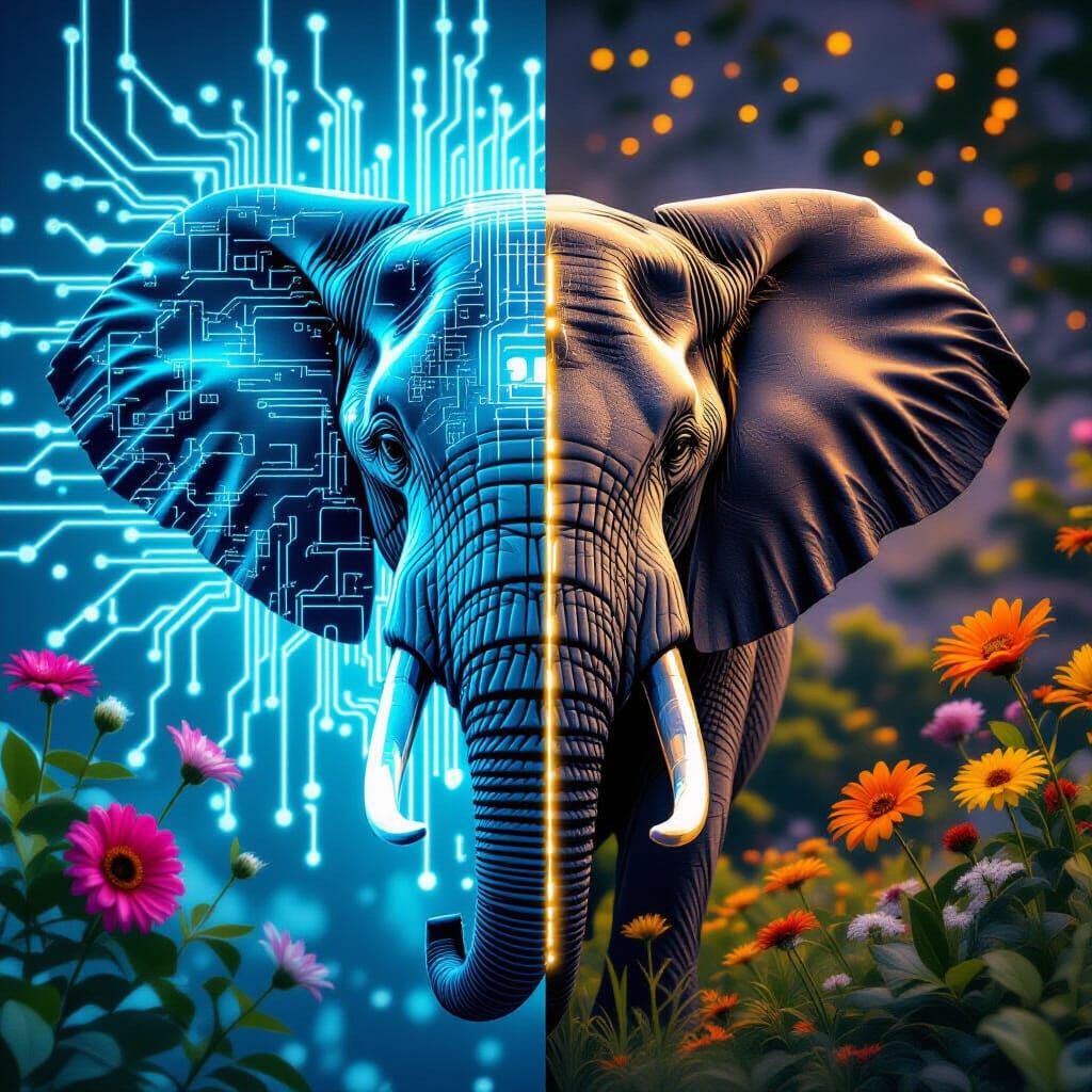 Cybernetic Elephant Meets Nature in Digital Collage
