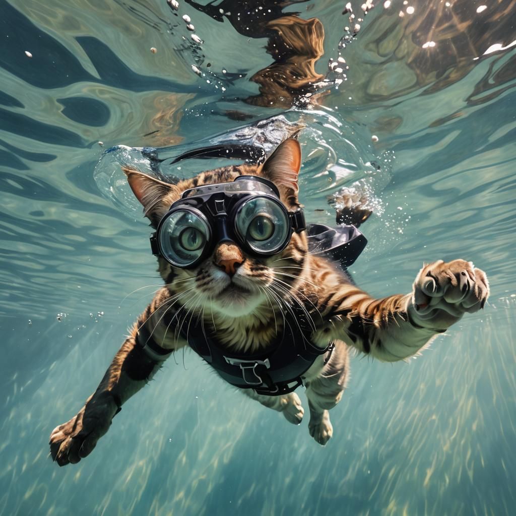Cat Diver in Underwater Scene