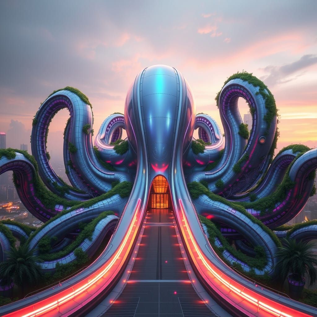 Surreal Futuristic Octopus Metropolis in Cyberpunk Style