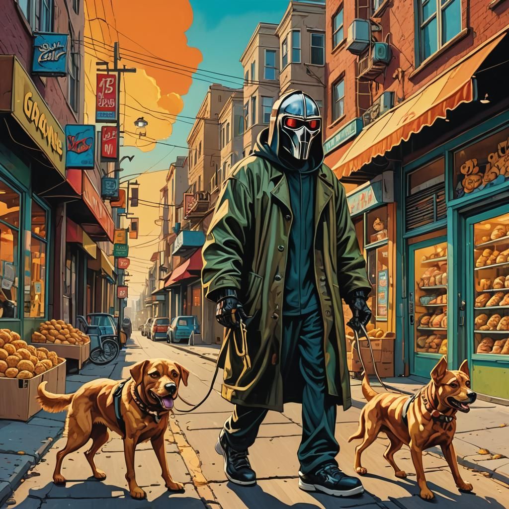 MF DOOM Walks Dog in Cartoon Surrealism