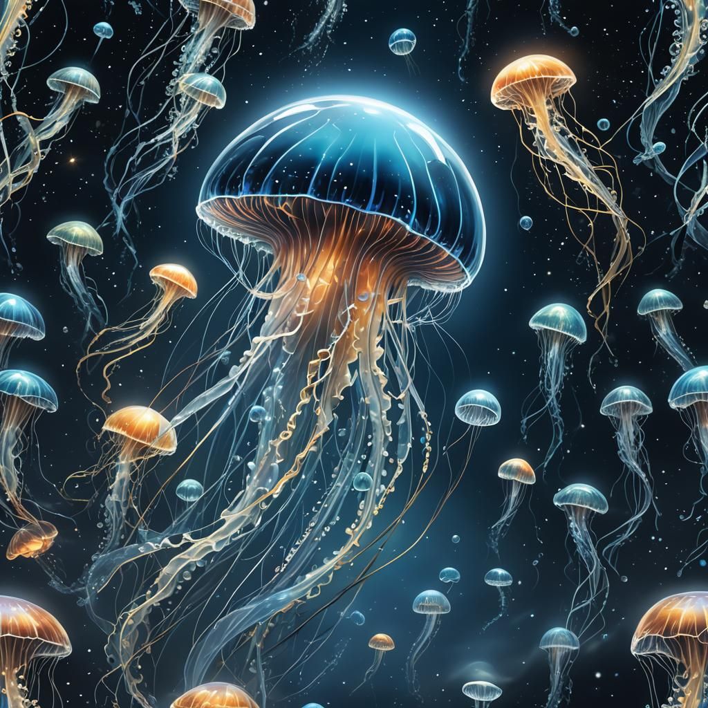 Crystal Jellyfish with Magic Trail in Starry Night