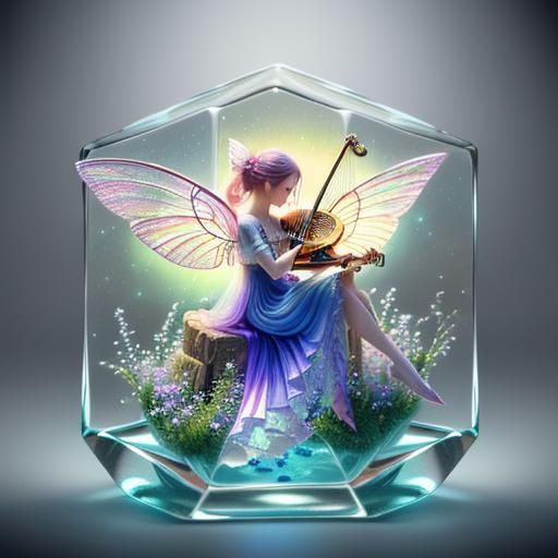 Fairy Harpist in Glass Cube: Digital Art