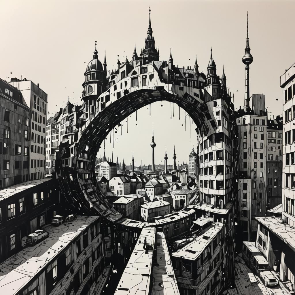 Surreal Berlin Cityscape in Doodle Art Style