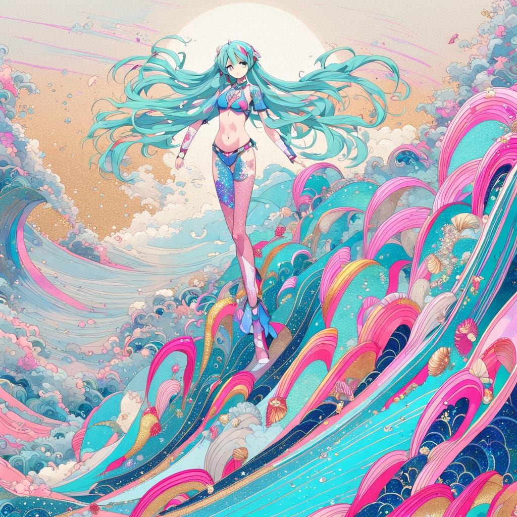 Vibrant Hatsune Miku on Sun-Kissed Beach, Neon Micro Bikini,...