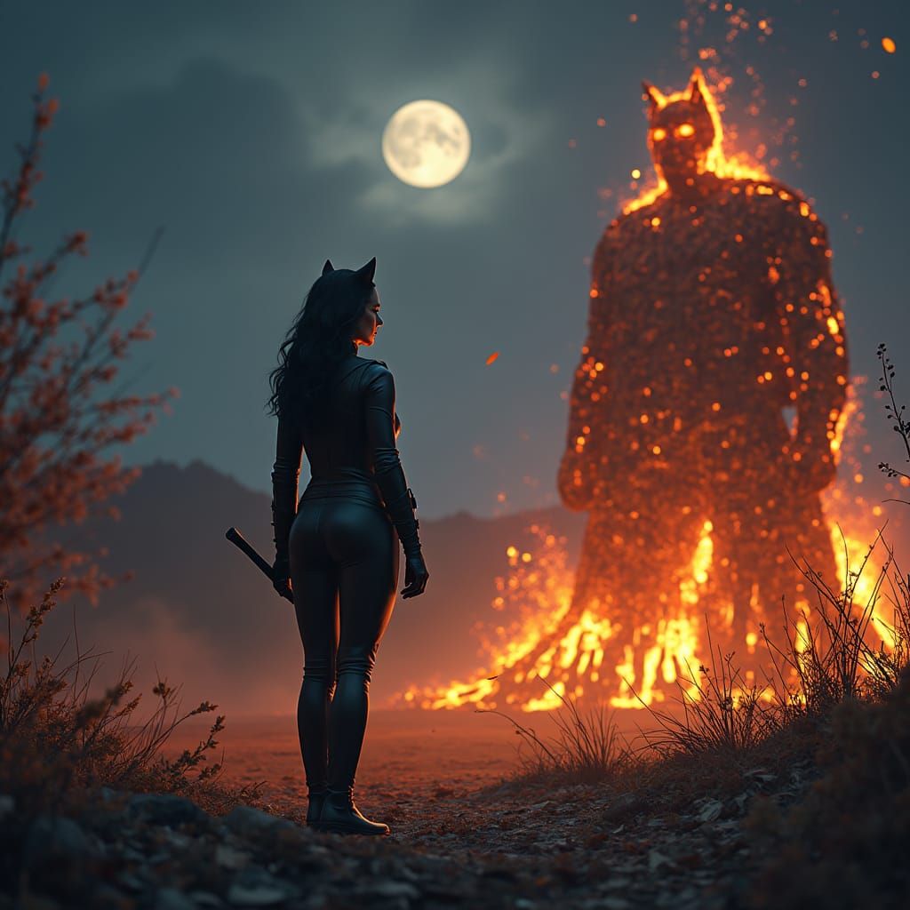 Catwoman Watches Bonfire in Fantasy Landscape