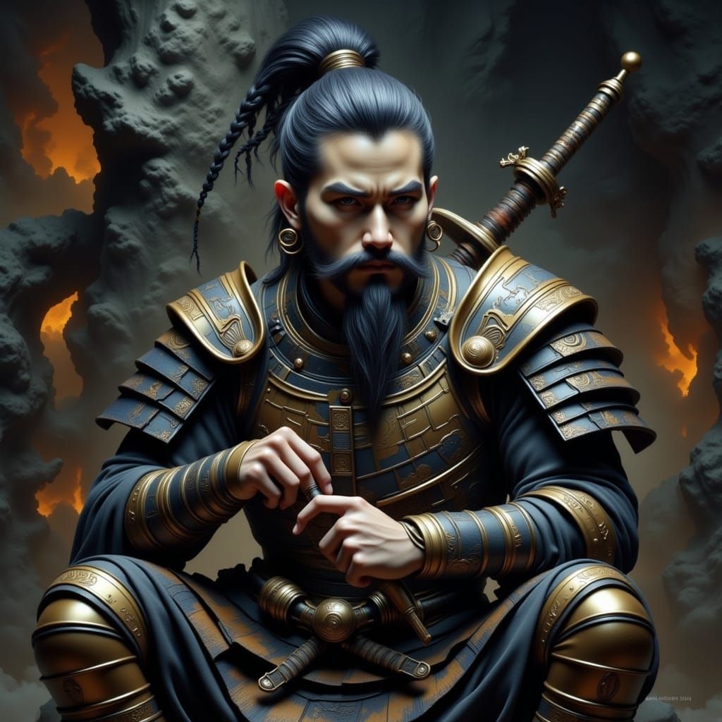 Samurai in Dutch Realism with Futuristic Elements