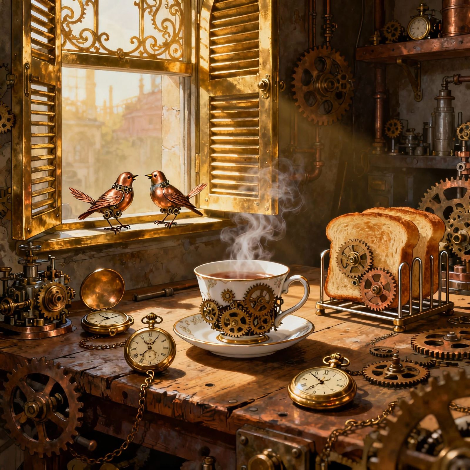 Steampunk Clockmaker's Workshop with Self-Assembling Gears