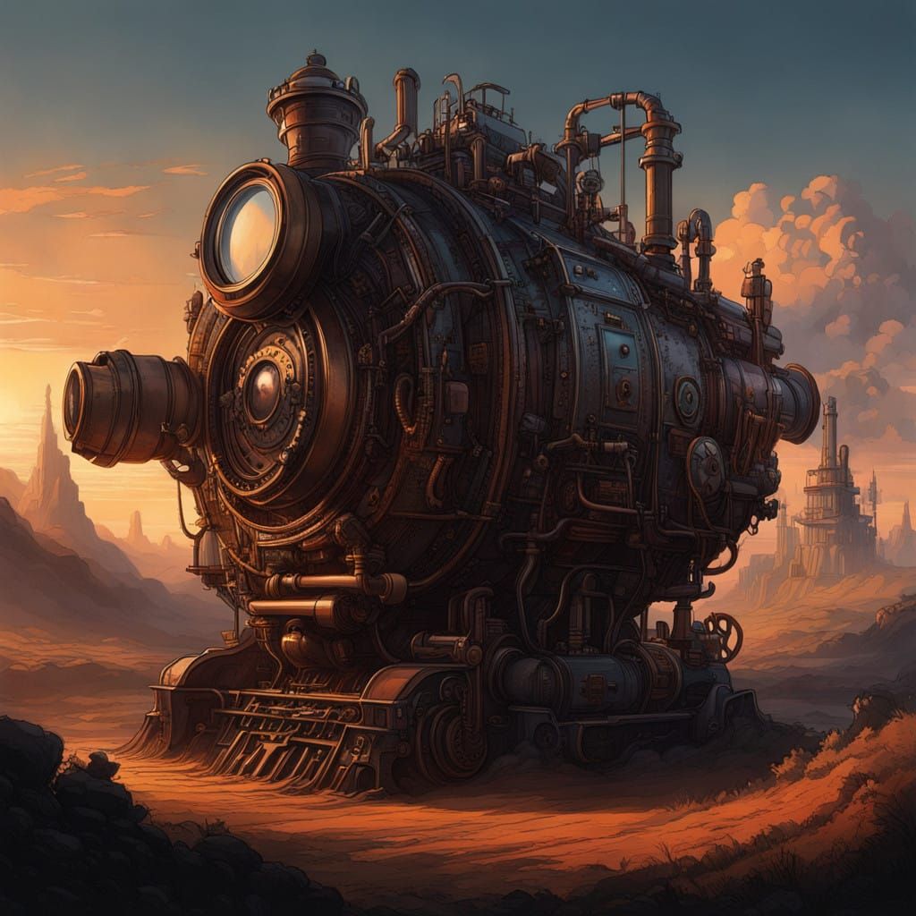 Steampunk Engine in Golden Hour