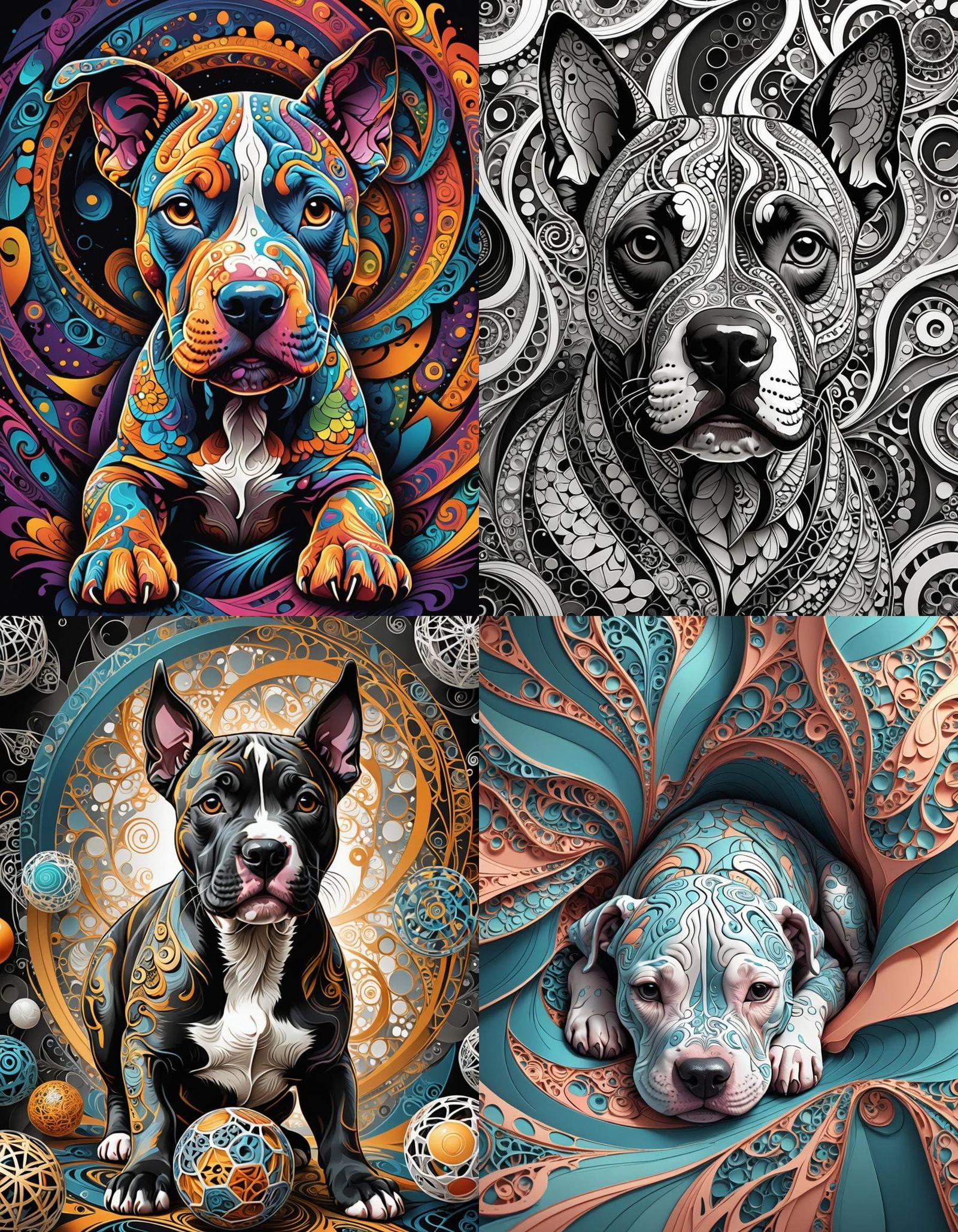 A pit bull puppy abstract vector fractal, wave function, Zentangle, 3d shading