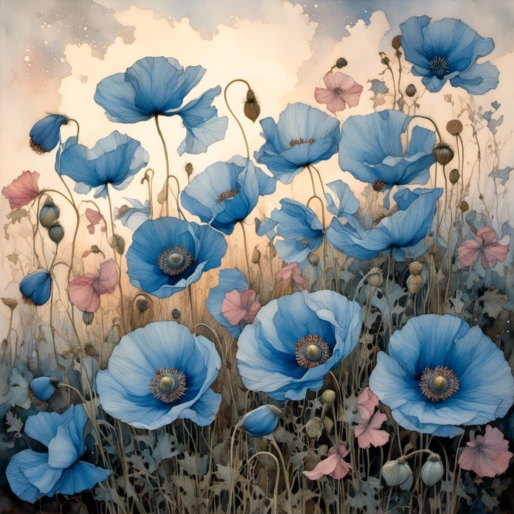Beautiful Blue Poppies in Soft Pink Evening Light