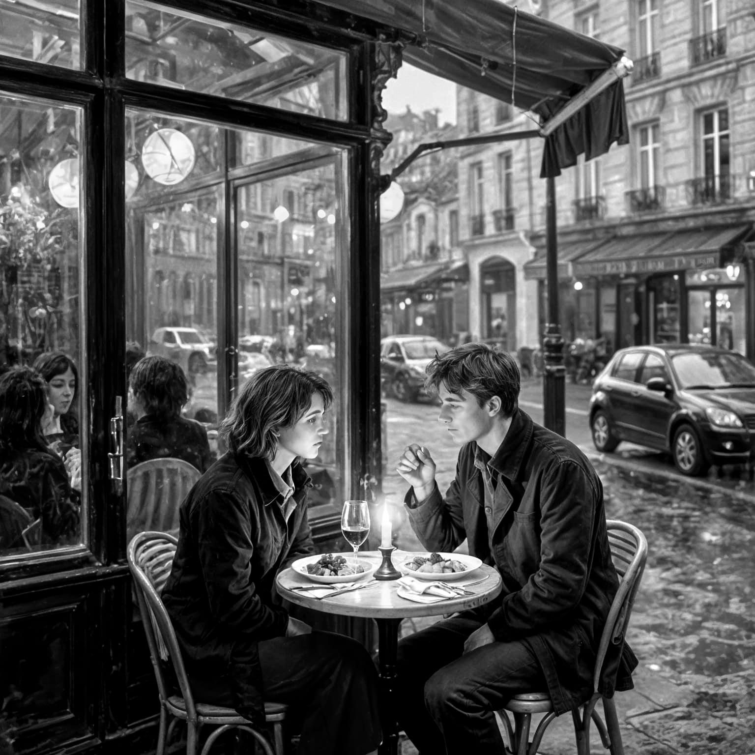 A cozy French Cafe, a couple having a long dinner