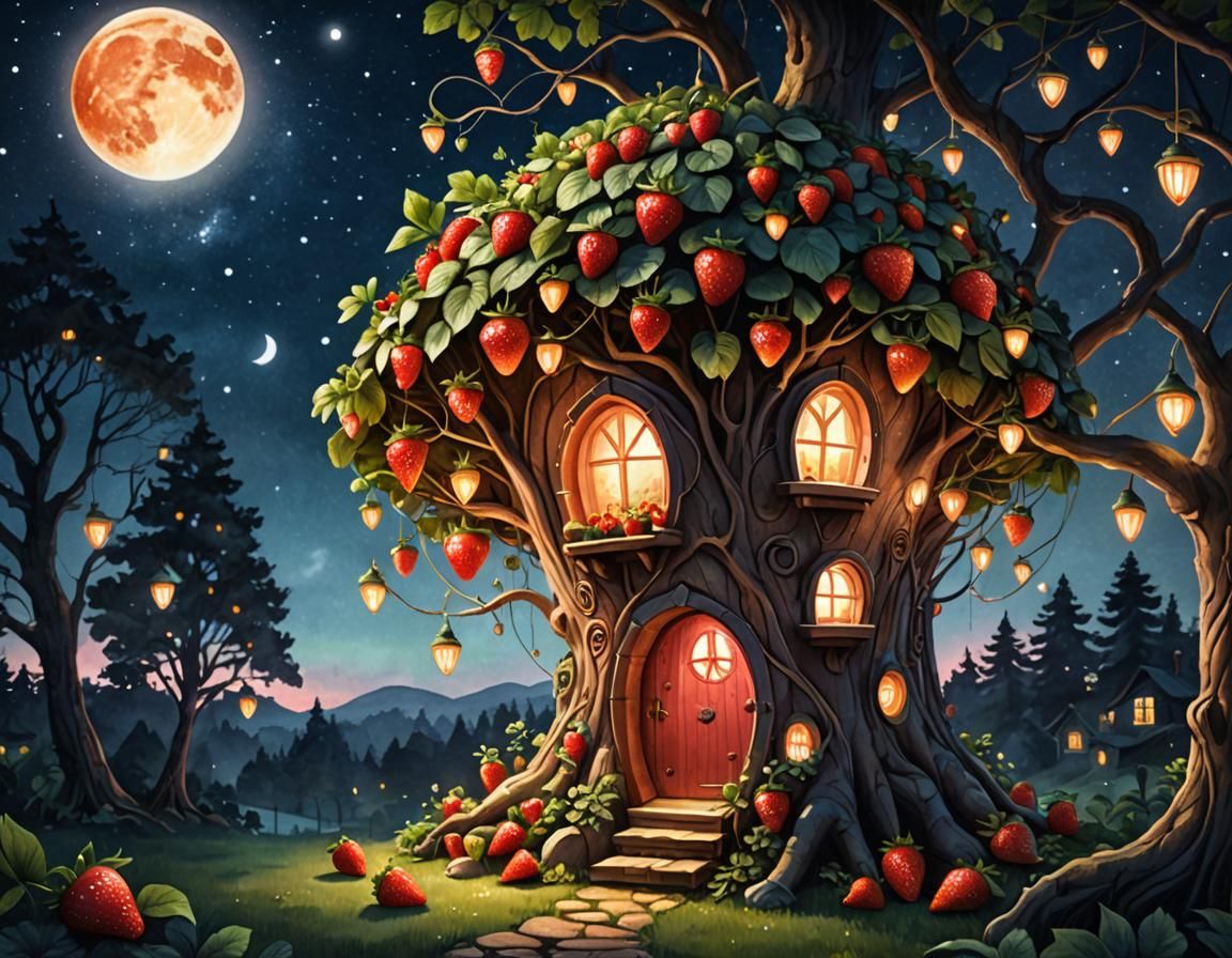 Strawberry Treehouse in Moonlit Summer Nightscape