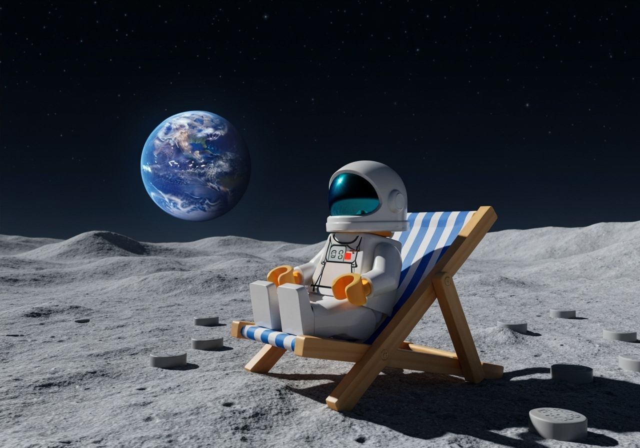 Lego astronaut mini figure relaxing in a deckchair on the mo...