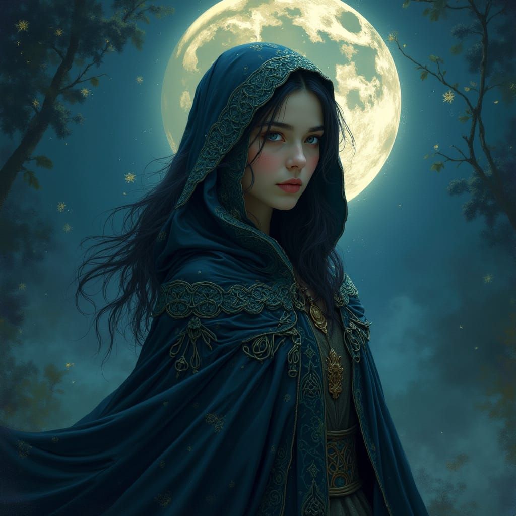 Ethereal Maiden in Mystical Moonlit Landscape