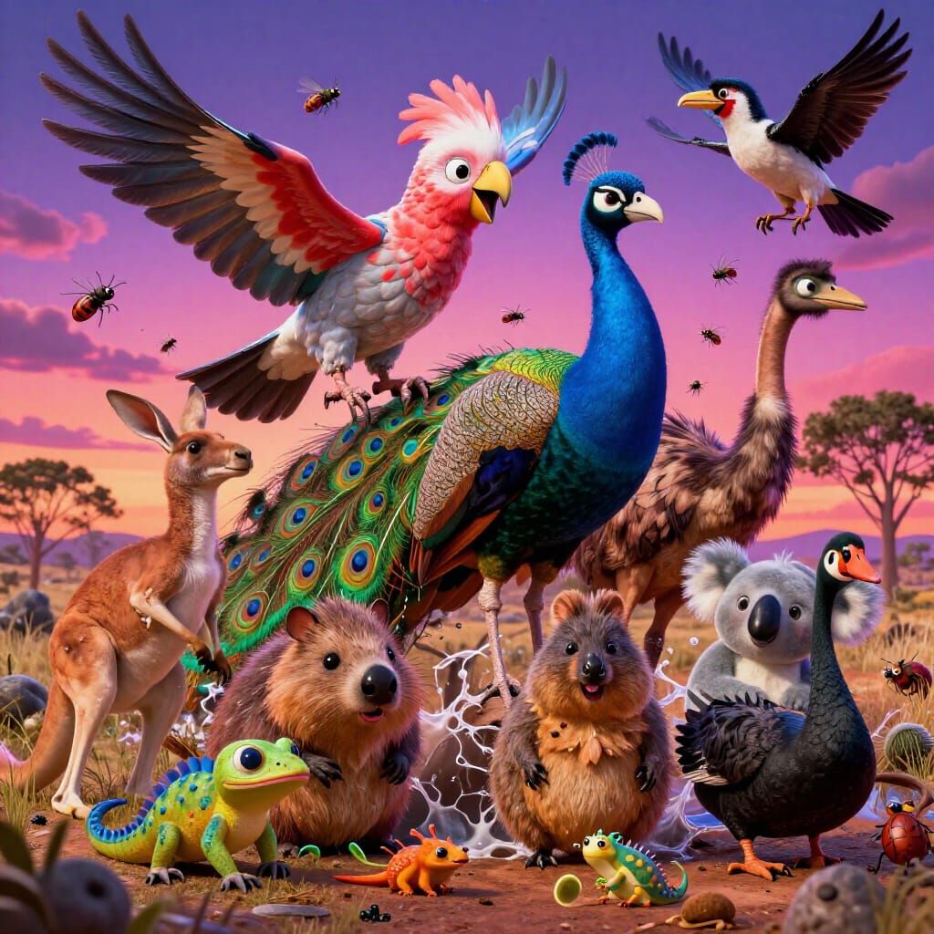 Absurd Outback Chaos: Cartoon Animals Under Neon Sky