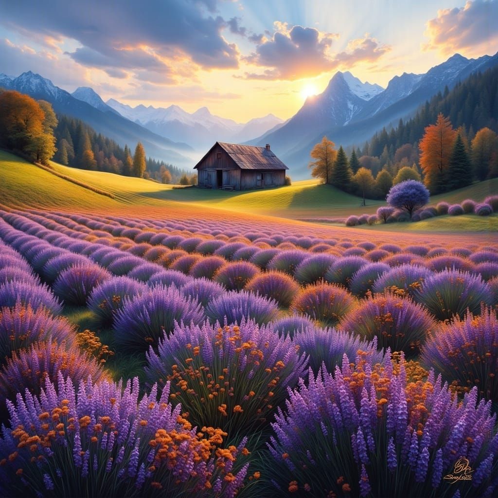 Switzerland Autumn Scene with Lavender Fields in Vibrant Col...