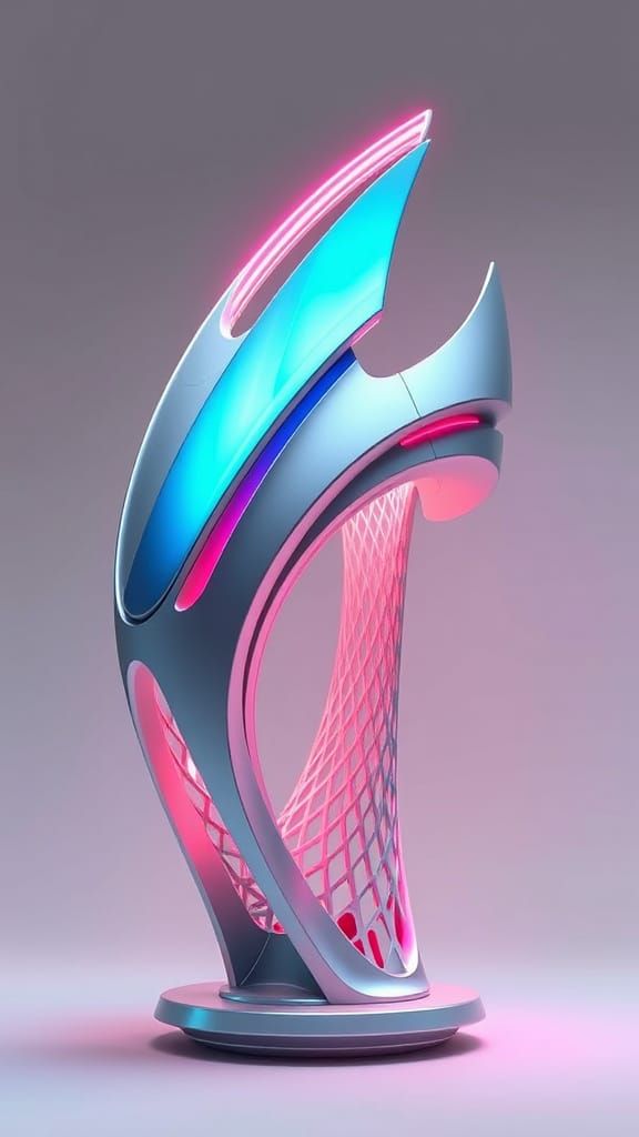 Surreal Futuristic Sculpture with Neon Accents and Iridescen...