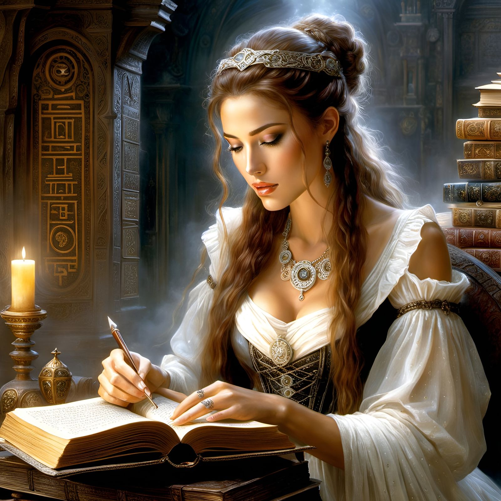 Freckled Scholar Girl Reads Magic Tome