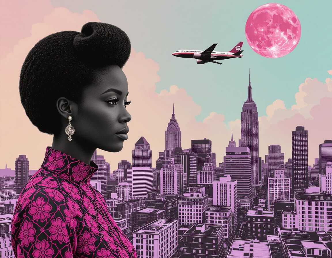 Afrofuturist Pink Lace Cityscape Collage