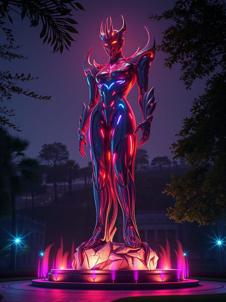 3D digital art. A large abstract sculpture statue in a park ...