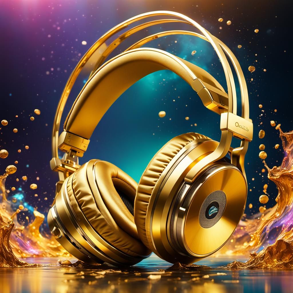 Golden Audio Oasis in Hyperrealistic Splash Art