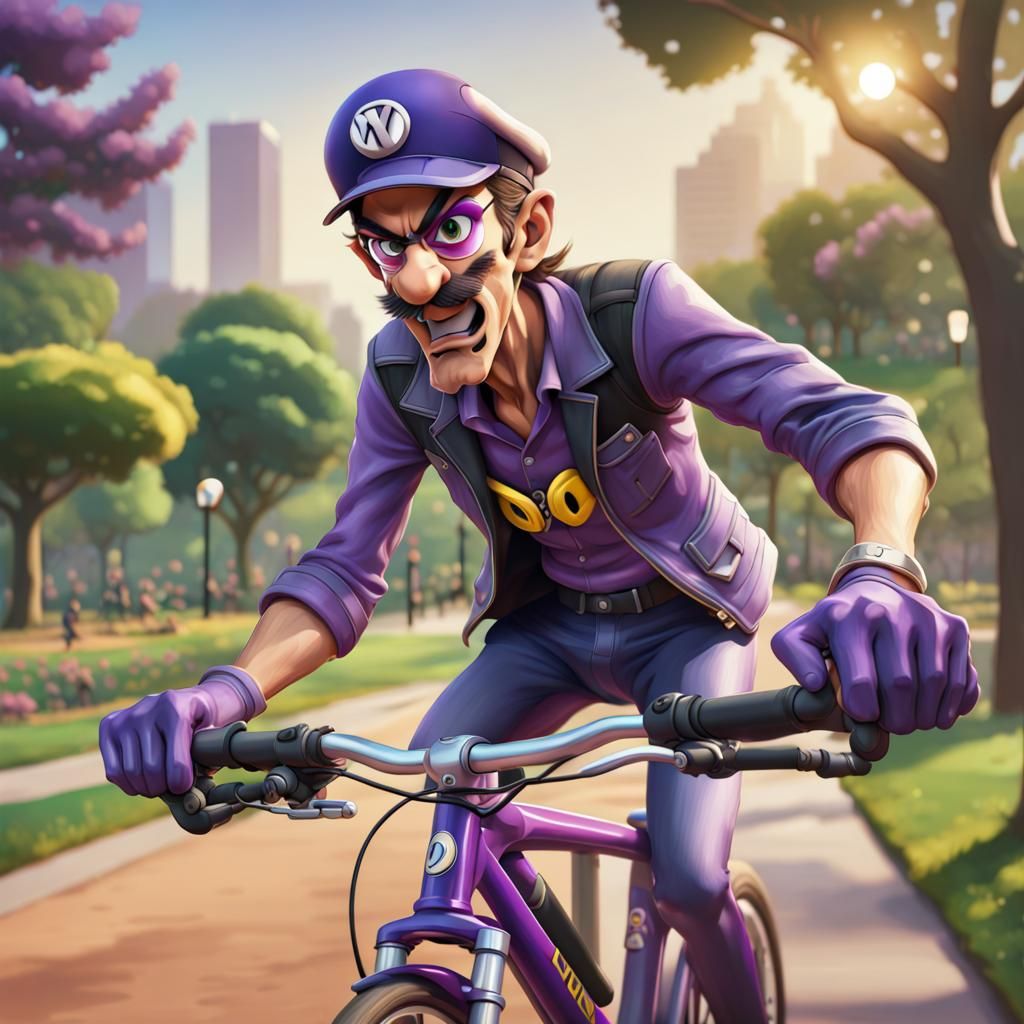 Waluigi Rides a Bike: Hyperrealistic Splash Art