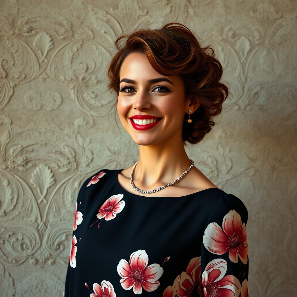 Smiling Woman in Floral Dress: Hyper-Realistic Digital Portr...