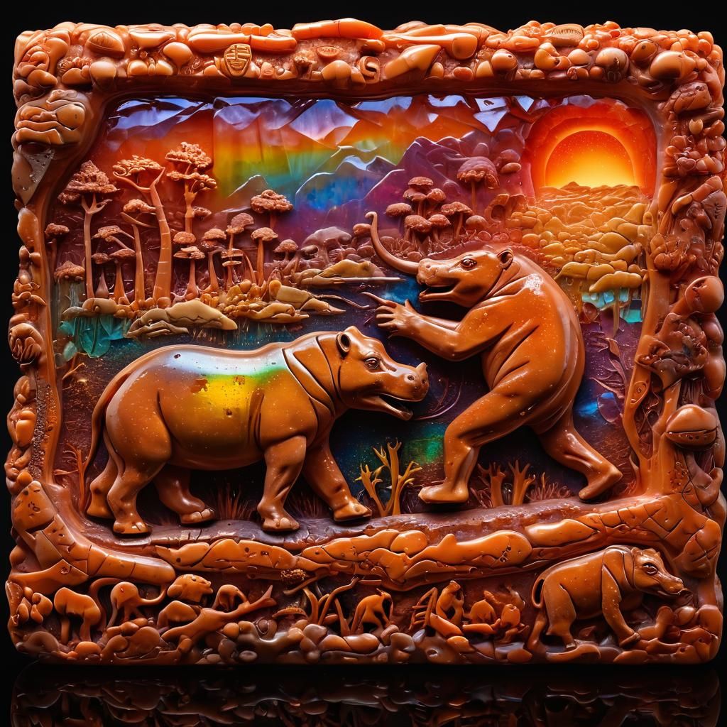 Prismatic Fire Opal Relief Sculpture of Apemen Hunting