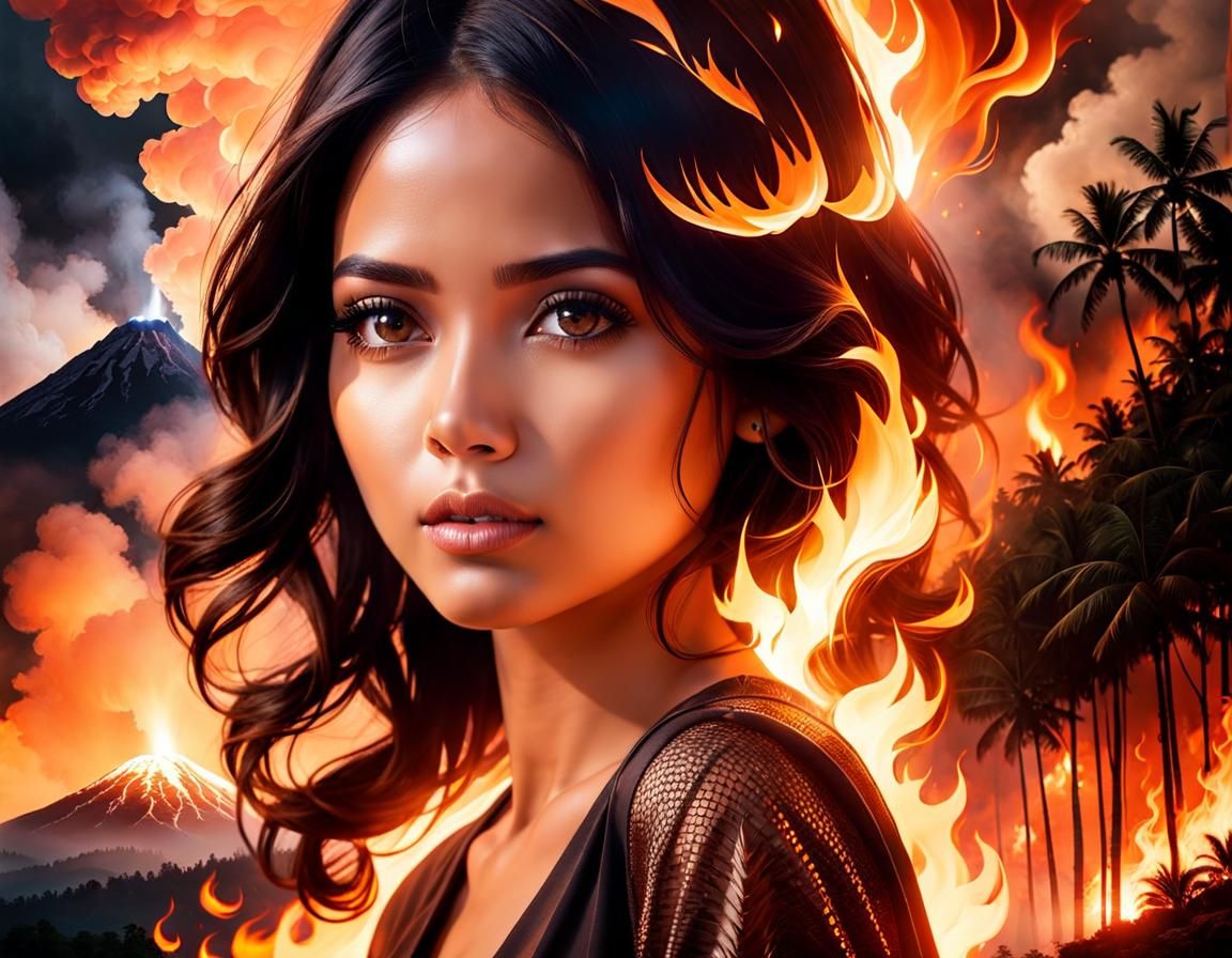 Double Exposure Portrait: Woman and Burning Forest